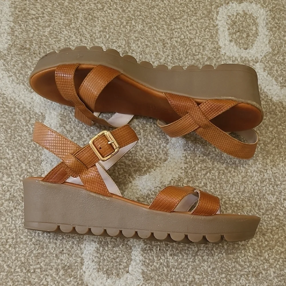 Fratelli Robinson Brown Leather Wedge Sandals, Made in Greece, Size 39 (8 1/2)